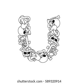 Letter U skeleton Bones Font. Anatomy of an alphabet symbol. dead ABC sign
