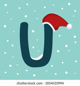 Letter U with snow and red Santa Claus hat. Festive font for Christmas and New Year