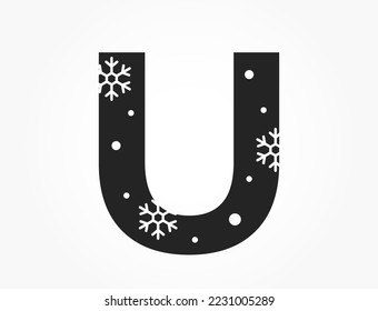 letter u with snowflake and snow. element for Christmas, new year and winter design. isolated vector image in simple style