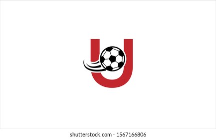 Letter U with soccer ball shot icon and football in flat vector minimalist logo design