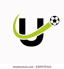 Letter U Soccer Logo. Football Logo Concept With Moving Football Icon