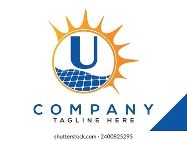 Letter U with solar panel and sun sign Logo Design Vector Template.
