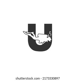Letter U and someone scuba, diving icon illustration template