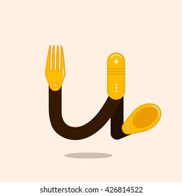 Letter U with spoon and fork. Letter fork illustration for your identity or restaurant