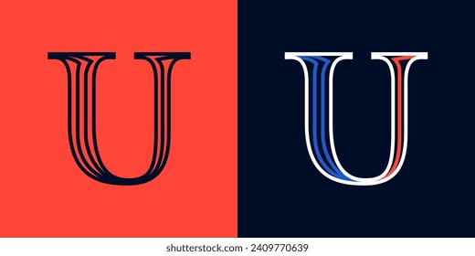 Letter U sport logo. Blue and red lines font. Patriotic emblem for Independence or Veterans Day. Serif type for college baseball team, basketball uniform, vintage style headlines, motorcycle magazine.