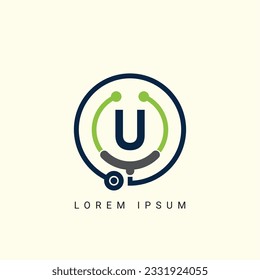 Letter U with Stethoscope Logo Concept sign icon symbol Design. Medical Health care Logotype. Vector illustration template
