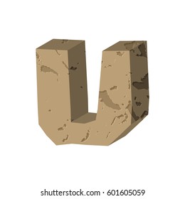 Letter U stone font. Rock alphabet symbol. Stones crag ABC sign