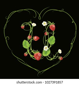 Letter U in strawberry style with green heart. Vector realistic illustration. Design for grocery, farmers market, tea, natural cosmetics, summer garden design element.