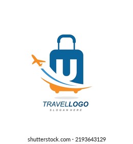 letter U with suitcase travel bag logo vector template. logo for travel label, tourism, journey posters, airways identity, and tech transportation