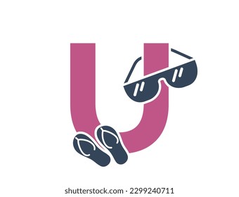 letter u with sunglasses and flip flops. vacation and resort alphabet logo symbol. summer tourism design. isolated vector color image