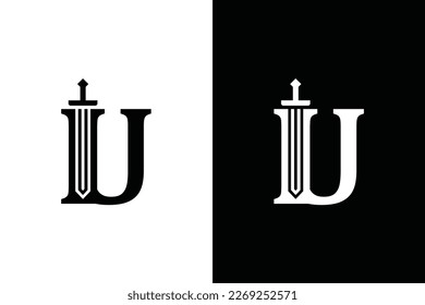 Letter U with sword combination concept on black and white background. Very suitable for symbol, logo, company name, brand name, personal name, icon and many more.