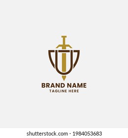 Letter U and Sword on Shield Monogram Initial Logo in White Background