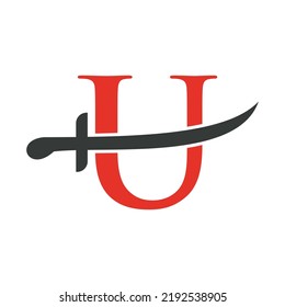Letter U Swords Logo Vektorvorlage. Swords-Symbol für Schutz und Datenschutz-Symbol