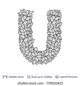 Letter U symbol of white leaves. Outline shape isolated on white. Vector icon easy to edit.