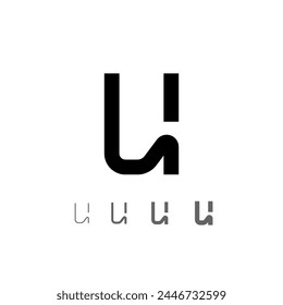 Letter U, technical digital alphabet font, including set from four of different thicknesses, vector illustration 10eps