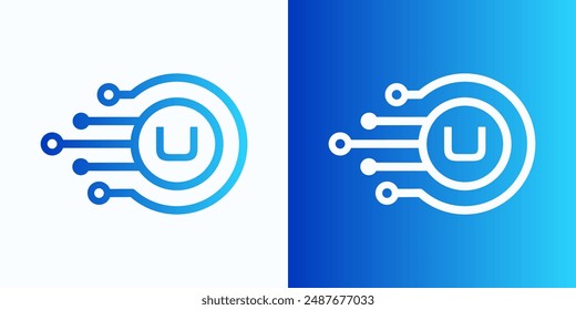 Letter U technology logo with circle and circuit board lines for digital, data, connection in blue gradient color