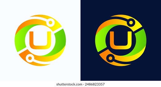 Letter U technology logo with circles and circuit board lines with letter U inside for digital, data, connection in green and orange gradient colors