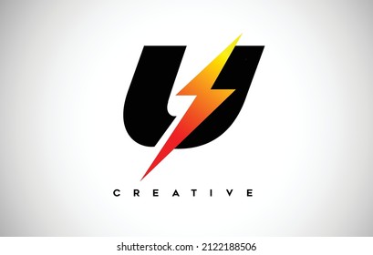 Letter U Thunderbolt Logo Concept with Black Letter and Orange Yellow Thunder. U Lighting bolt thunder bolt Lighting Strike Creative Letter Vector.