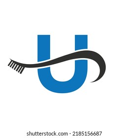 Letter U With Tooth Brush Logo Design Concept For Teeth Care Dental Logo Template
