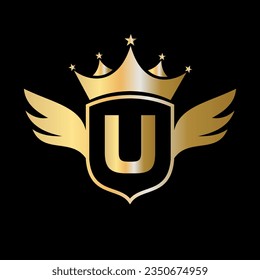 Letter U Transportation Logo With Wing, Shield And Crown Icon. Wing Logo On Shield Symbol