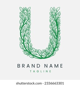 Letter U Tree Branch, Formed From Twigs Leaves Logo Design