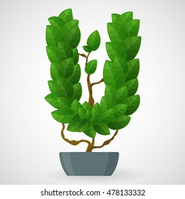 Letter U. Tree in the pot. Vector alphabet letters made from green leaves.