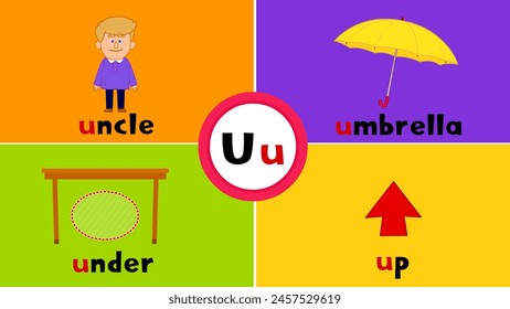 Letter U u, uncle, umbrella, up, under, Flashcard, Alphabet, Kids, Learning, Teaching, Vocabulary
