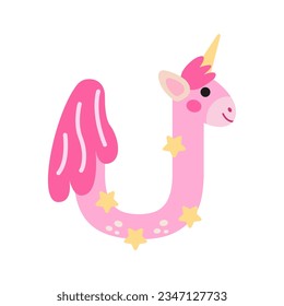 Letter U. Unicorn. Alphabet for children. Vector graphics in flat cartoon style