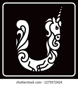 Letter "U" unicorn. Written by unicorns. Letter in the style of the unicorn. Fairytale font. Trend print on a T-shirt. Logo "U". Isolated on a black background. Metal pin. Unicorn alphabet.