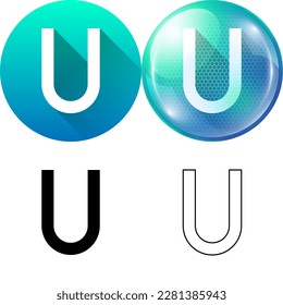 Letter U (Uniform) Capital Uppercase Modern English Alphabet Icon Set of Circular Round Long Shadow, Futuristic Bubble, Black-White Silhouette, Line Art Isolated on White Background