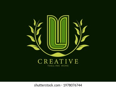 Letter U Unique Logo with leaf ornament as a frame looks more natural, modern design, suitable for templates or brands.