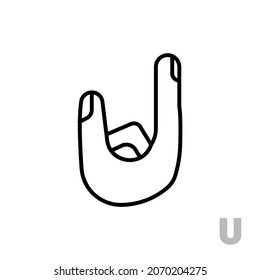 Letter U Universal and handicapped hand alphabet letter. Simple clear linear letter U, hand language. Learning the alphabet, non-verbal deaf-mute communication, expressive gestures vector.