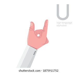 Der Buchstabe 'U. Universelles und türkisches Handalphabet mit Behinderung Buchstaben U. Hand deaktiviert. Hand Zunge. Lernen des Alphabets, nonverbale Kommunikation, Ausdrucksgesten Vektor.