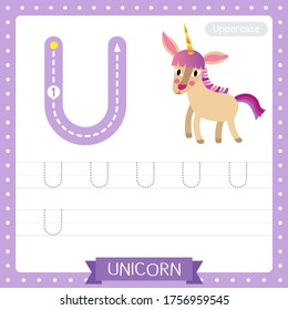 Letter U uppercase cute children colorful zoo and animals ABC alphabet tracing practice worksheet of Unicorn for kids learning English vocabulary and handwriting vector illustration.