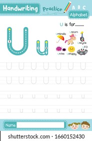 Letter U uppercase and lowercase cute children colorful ABC alphabet trace practice worksheet for kids learning English vocabulary and handwriting layout in A4 vector illustration. svg