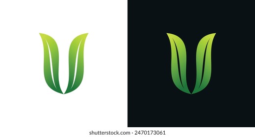 Diseño de logotipo U o V con hojas de concepto creativo. Vector Premium