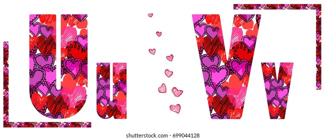 Letter U and V made from hearts. Love alphabet, vector, hand drown