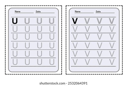 Letter U and V. trace uppercase abc alphabet worksheet for kids English vocabulary. Handwriting tracing practice vector illustration