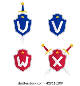 Letter U, V, W, X vector sign templates with shield and sword. Luxury safety logo.