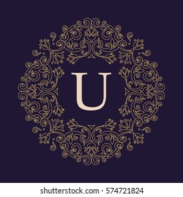 Letter U. Vector decorative line art frame for design template. Luxury round floral ornament. Elegant decor for wedding invitations, greeting cards, certificate, thank you message. Logo template.
