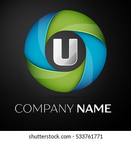 Letter U vector logo symbol in the colorful circle on black background. Vector template for your design