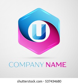 Letter U vector logo symbol in the colorful hexagonal on grey background. Vector template for your design