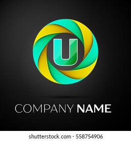 Letter U vector logo symbol in the colorful circle on black background. Vector template for your design
