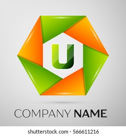 Letter U vector logo symbol in the colorful circle on grey background. Vector template for your design