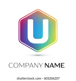 Letter U vector logo symbol in the colorful hexagonal on grey background. Vector template for your design