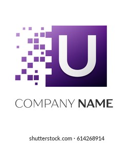 Letter U vector logo symbol in the colorful square with shattered blocks on white background. Vector template for your design