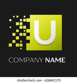 Letter U vector logo symbol in the colorful square with shattered blocks on black background. Vector template for your design