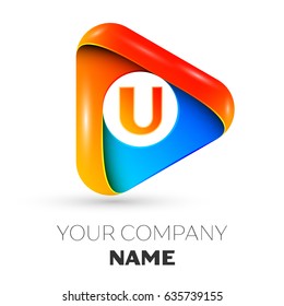 Letter U vector logo symbol in the colorful triangle on grey background. Vector template for your design