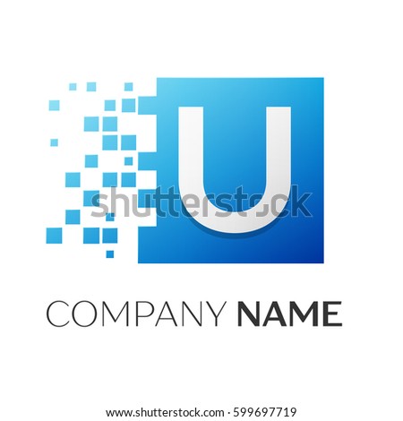 Letter U vector logo symbol in the colorful square with shattered blocks on white background. Vector template for your design