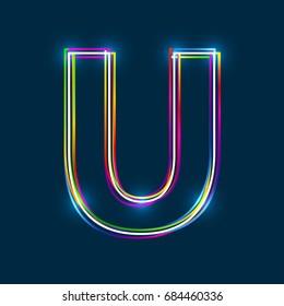 Letter U - Vector multicolored outline font with glowing effect isolated on blue background. EPS10